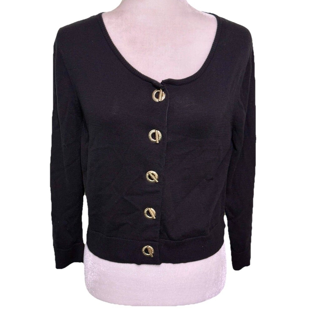 Women’s Black Gold Grommet Toggle 3/4 Sleeve Cropped Cardigan Classic‎ Preppy Lg